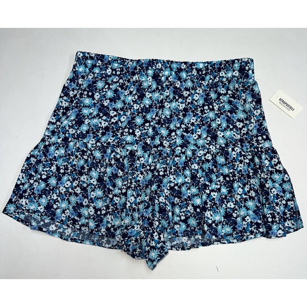 Aeropostale Womens Blue Floral Pleated Shorts Size M Pull On Elastic Waist NEW